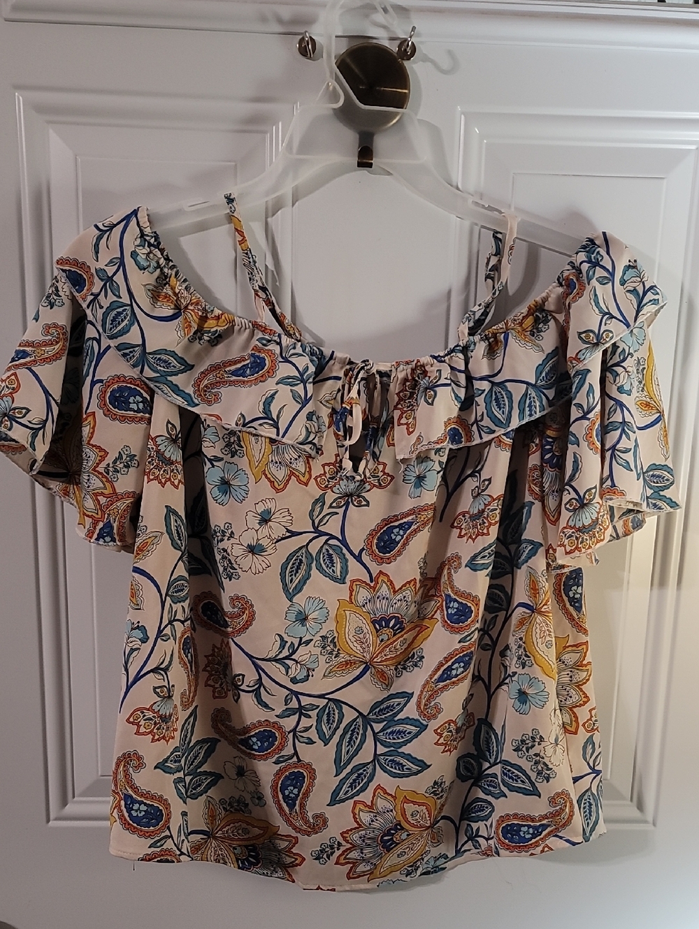 Floral Off-Shoulder Ruffle Top - Cream with Blue & Yellow Print